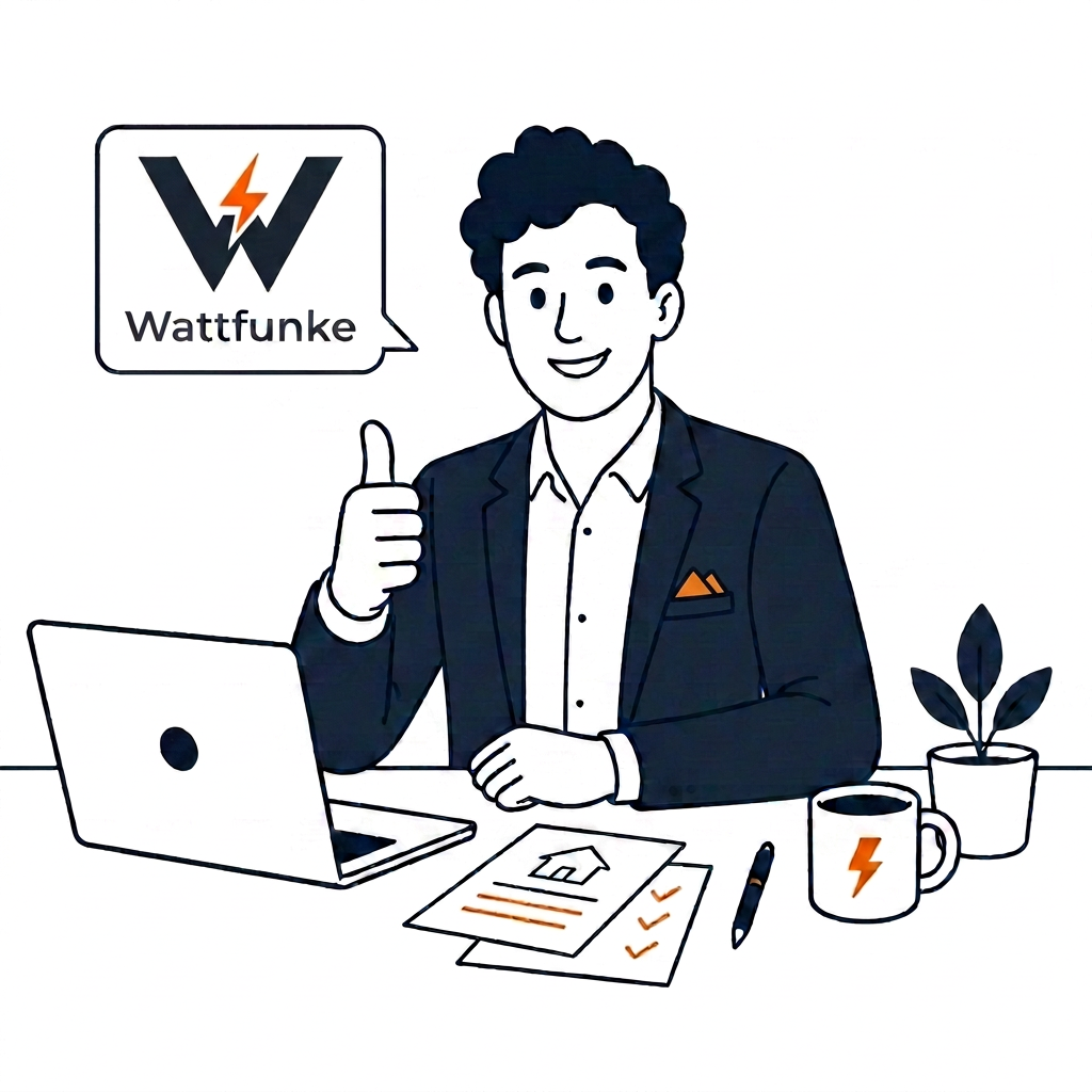 Wattfunke Berater am Schreibtisch mit Daumen hoch und Wattfunke-Logo